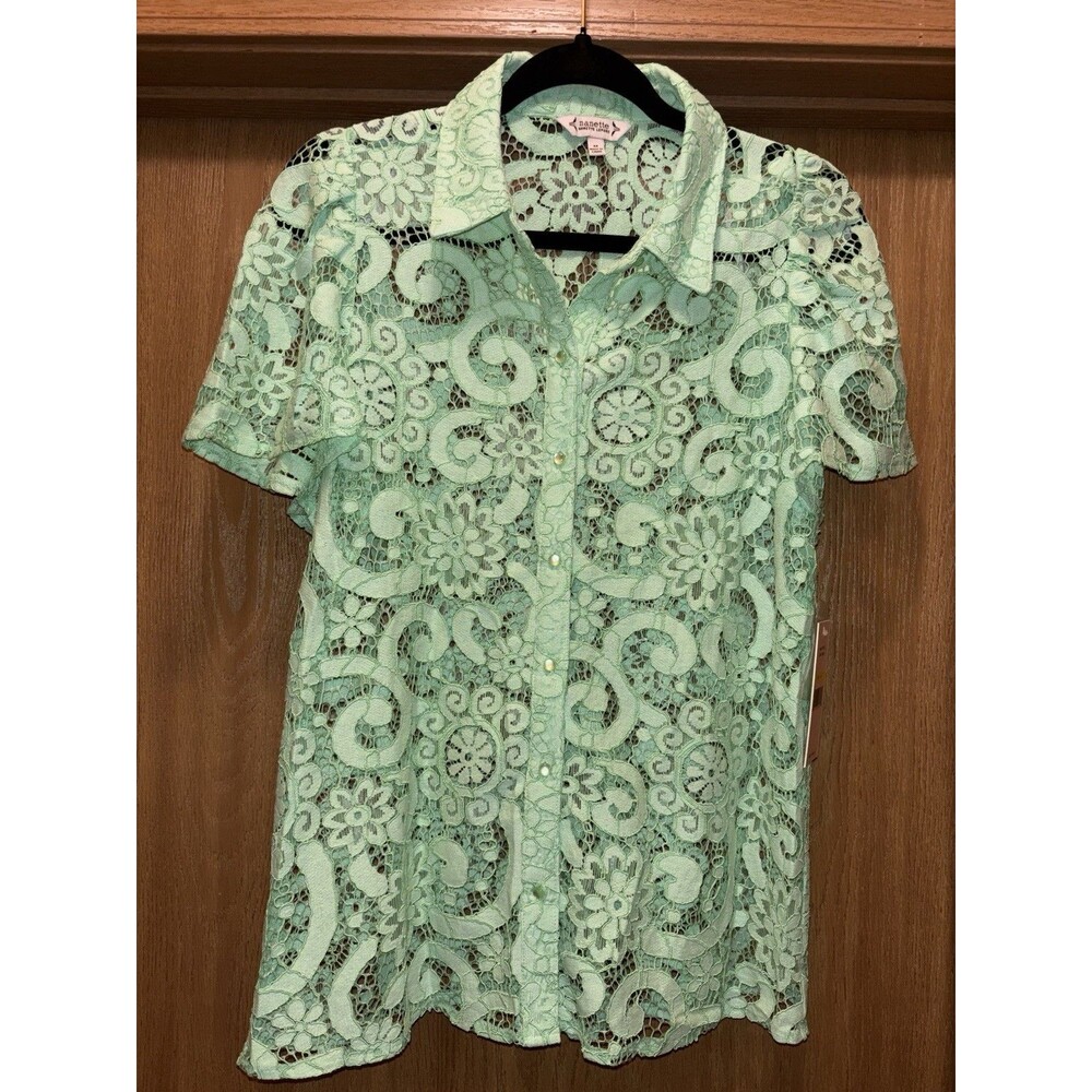Nanette Lepore Mint Crush Crochet Lace Overlay Button Up Short Sleeve Blouse